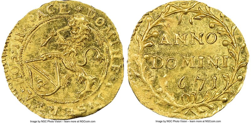 Zurich. Canton gold 1/4 Ducat 1671 MS63 NGC, KM98, Fr-468, HMZ-2-1144j. Undeniab...