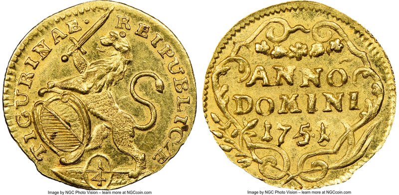Zurich. Canton gold 1/4 Ducat 1751/48 MS64 NGC, KM138, Fr-488, HMZ-2-1163bb. The...