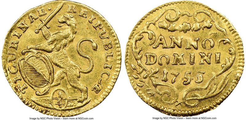 Zurich. Canton gold 1/4 Ducat 1753/41 MS61 NGC, KM138 (overdate unlisted), Fr-48...