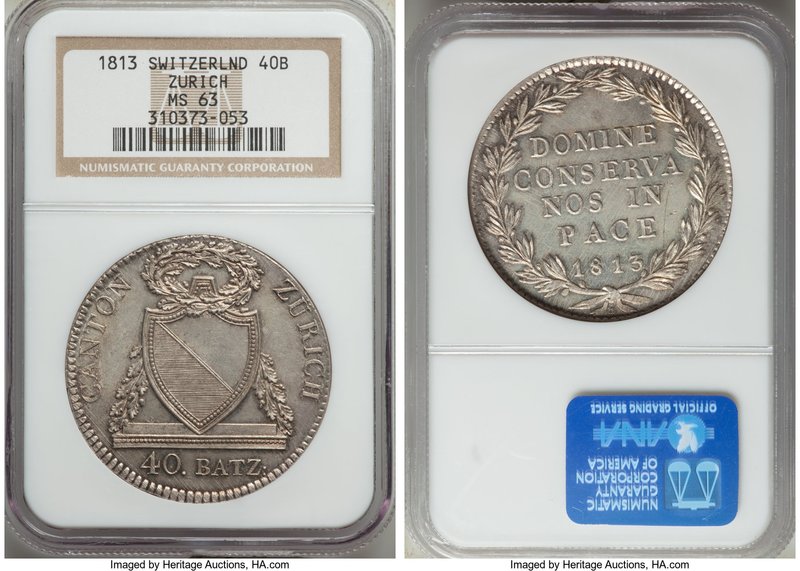 Zurich. Canton 40 Batzen 1813-B MS63 NGC, KM190. Prooflike fields with rose and ...