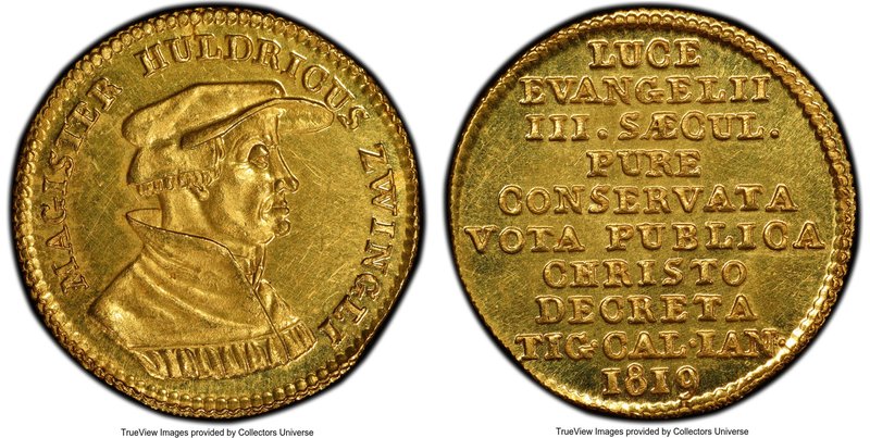 Zurich. Canton gold "Zwingli" Ducat 1819 MS63 PCGS, KMX-M2. Prooflike surfaces. ...
