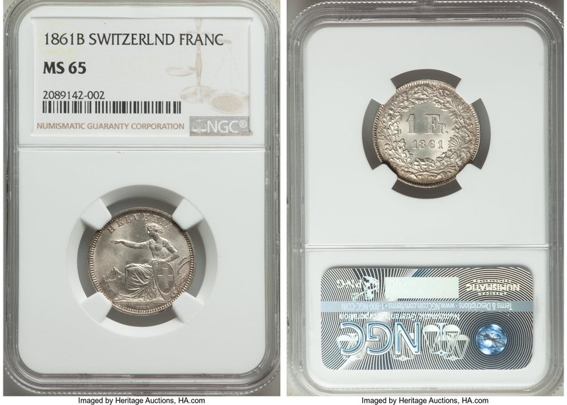 Confederation Franc 1861-B MS65 NGC, Bern mint, KM9a. Satin surfaces with light ...