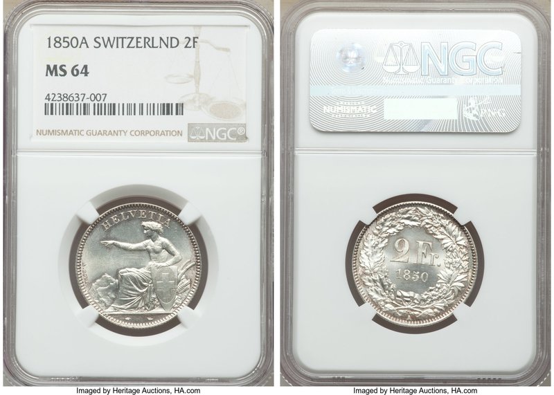 Confederation 2 Francs 1850-A MS64 NGC, Paris mint, KM10. Pristine fields with f...