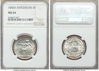 Confederation 2 Francs 1850-A MS64 NGC, Paris mint, KM10. Pristine fields with few hairlines visible on obverse accounting for the grade, which is sti...