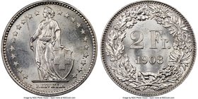 Confederation 2 Francs 1908-B MS64 NGC, Bern mint, KM21, HMZ-2-1202n. A very sharp representative that appears fully deserving of its rank as the seco...