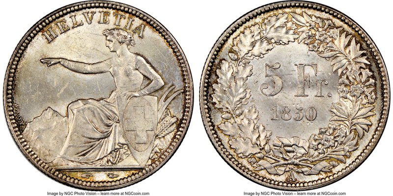 Confederation 5 Francs 1850-A MS63 NGC, Paris mint, KM11. Displaying cartwheel l...