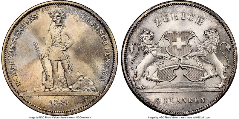 Confederation "Zurich Shooting Festival" 5 Francs 1859 MS64+ NGC, Bern mint, KMX...