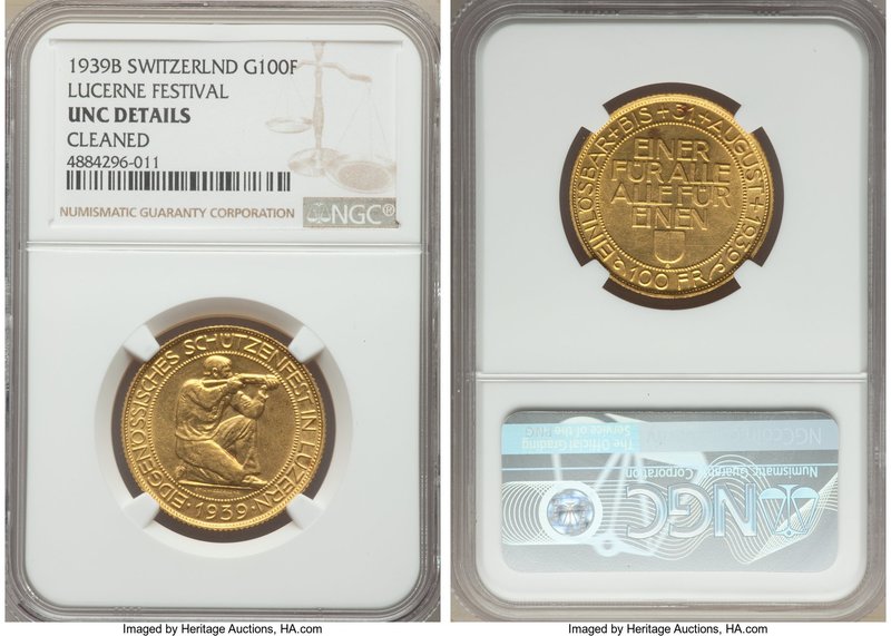 Confederation gold Medallic "Lucerne Shooting Festival" 100 Francs 1939-B UNC De...