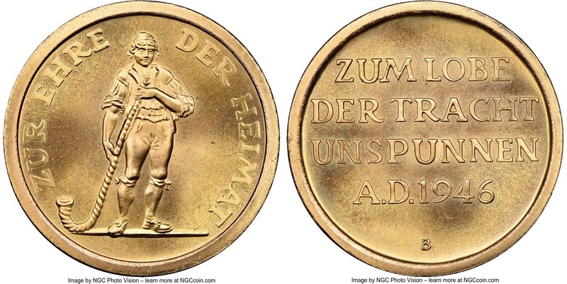 Confederation gold "To Honor the Homeland" Medal 1946-B MS67 NGC, Bern mint. 32m...