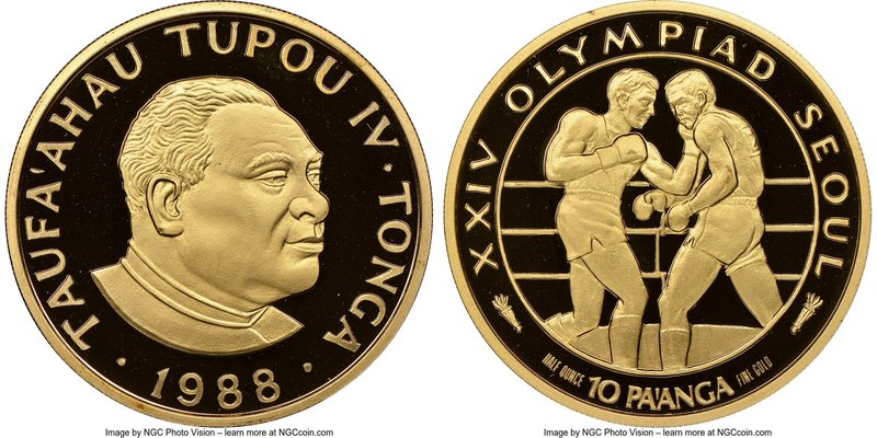 Taufa'ahau Tupou IV gold Proof 10 Pa'anga 1988 PR69 Ultra Cameo NGC, KM130. Seou...