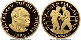 Taufa'ahau Tupou IV gold Proof 10 Pa'anga 1988 PR69 Ultra Cameo NGC, KM130. Seoul Summer Olympic commemorative - Boxing. AGW 0.4994 oz. 

HID0980124...