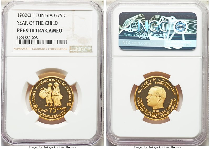 Republic gold Proof "Year of the Child" 75 Dinars 1982-CHI PR69 Ultra Cameo NGC,...