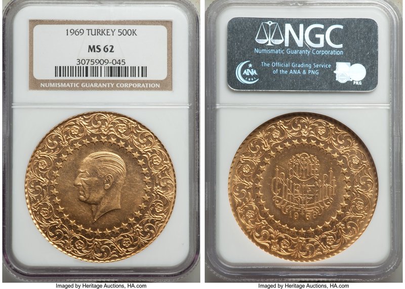 Republic gold "Monnaie de Deluxe" 500 Kurush 1969 MS62 NGC, Istanbul mint, KM874...