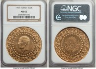 Republic gold "Monnaie de Deluxe" 500 Kurush 1969 MS62 NGC, Istanbul mint, KM874, Fr-94. Mintage: 7,152. Monnaie de Luxe issue, featuring head of Atak...