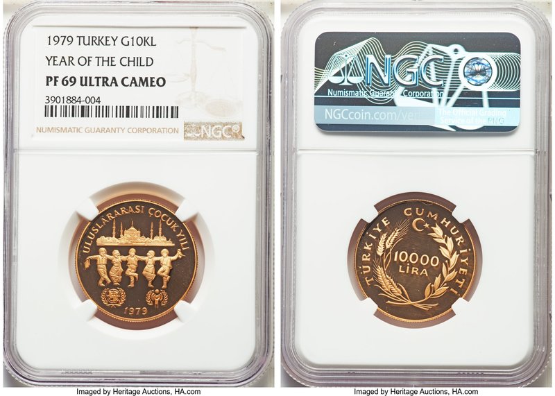 Republic gold Proof "Year of the Child" 10000 Lira 1979 PR69 Ultra Cameo NGC, KM...