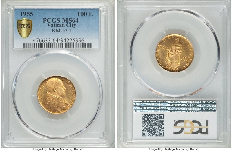 Pius XII gold 100 Lire Anno XVII (1955)-R MS64 PCGS, Rome mint, KM53.1. Mintage:...