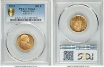 Pius XII gold 100 Lire Anno XVII (1955)-R MS64 PCGS, Rome mint, KM53.1. Mintage: 1,000. Light rose colored toning over honey-gold surfaces. 

HID098...