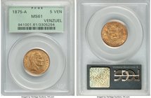 Republic gold 5 Venezolanos 1875-A MS61 PCGS, Paris mint, KM-Y17. Traces of red orange toning on reverse. 

HID09801242017