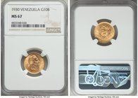 Republic gold 10 Bolivares 1930-(p) MS67 NGC, Philadelphia mint, KM-Y31. Satin surfaces, unmarked fields and rose-gold color. 

HID09801242017