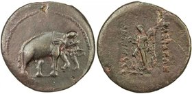 INDO-GREEK: Antimachos I Theos, ca. 185-170 BC, AE unit (6.97g), Bop-5C, elephant advancing right // Nike advancing left, holding wreath and palm fron...