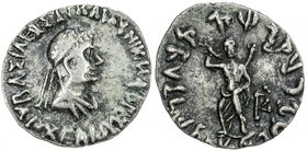 INDO-GREEK: Archebios, ca. 90-80 BC, AR drachm (2.38g), Bop-3C, diademed bust right // Zeus standing, brandishing thunderbolt & holding scepter, pleas...