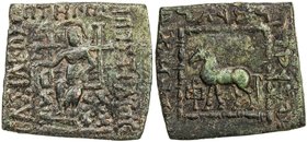 INDO-GREEK: Hippostratos, ca.65-55 BC, AE square unit (11.78g), Bop-10A, Zeus enthroned, nimbate // horse left, within bead-and-reel square, choice VF...