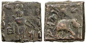 INDO-GREEK: Zoilos II, ca. 55-35 BC, AE square hemiobol (3.88g), Bop-9—, Apollo standing, within ornate square, monograms left & right (the right mono...