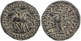 INDO-SCYTHIAN: Kharahostes, ca. 1-5 AD, BI tetradrachm (9.27g), Senior-139, horseman right, symbol #157 to lower right // city goddess standing, holdi...