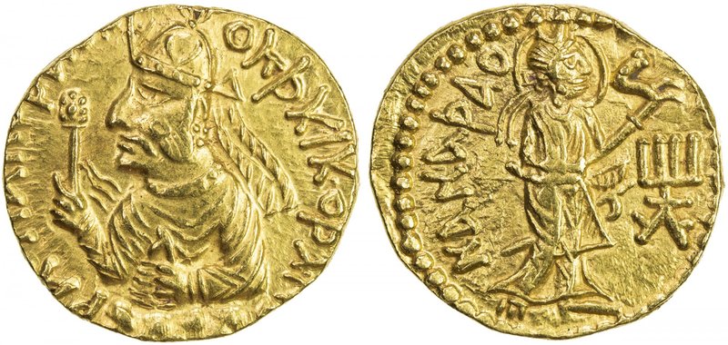 KUSHAN: Huvishka, 155-187, AV dinar (7.98g), G-153, half-bust of Huvishka arisin...