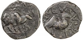 KUSHAN: Kujula Kadphises, ca. 30-80, AE unit (9.19g), Mitch-1055, Pieper-1172 (this piece), bull right, nandipada above, corrupt Greek legend around /...
