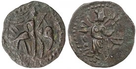 KUSHAN: Huvishka, ca. 155-187, AE ¼ unit (2.16g), king mounted on elephant right, holding ankus // Athsho, standing right, holding diadem; tamgha at r...