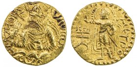 KUSHAN: Huvishka, ca. 155-187, AV ¼ dinar (2.00g), G-337 (same dies), half bust of Huvishka above the clouds, round crown & diadem, holding mace & ank...