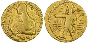 KUSHAN: Huvishka, ca. 155-187, AV dinar (7.70g), G-138, crowned bust of Huvishka left, holding mace & goad // the sun diety Miiro standing, nimbate, e...