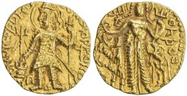 KUSHAN: Kanishka II, ca. 226-340, AV dinar (7.73g), Mitch-3503. G-634, standard obverse, with Brahmi ga / gho / hu, somewhat stylized Greek legend aro...