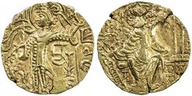 KUSHAN: Kipanada, ca. 350-375, AV dinar (7.68g), Mitch-3584/88, standard obverse, with Brahmi monogram tentatively interpreted as bacharnatha beneath ...
