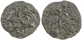 POST-KUSHAN: probably 4th century, AE (1.38g), Pieper-1242 (this piece), anonymous late Huvishka imitation: king on elephant left, holding ankus // lu...