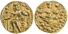 GUPTA: Chandragupta II, 383-412, AV dinar (7.80g), Mitch-4796 ff, archer type, king standing, holding bow & arrow // Lakshmi seated on lotus, bold str...