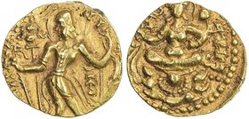 GUPTA: Kumaragupta I, 409-450/52, AV dinar (8.41g), Mitch-4830/33, Kumar Class III, var. B, archer type, with his name to the right of the bow, engrav...