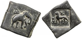 TAXILA: Anonymous, ca. 2nd-1st century BC, AE square unit (12.29g), elephant right, hill above // lion left, swastika above & hill before, lovely stri...
