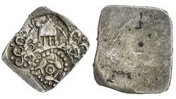 VIDARBHA: Punchmarked, ca. 500-400 BC, AR ½ karshapana (1.62g), from Vainanga Valley, elephant with double crescent above, annulet surrounded by tauri...