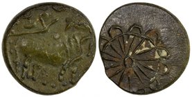 PALLAVAS: Anonymous, ca. 400-675, potin unit (5.36g), Krishnamurthy; Pallava-214, bull standing right with symbols above // dharmachakra wheel, scarce...