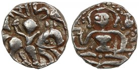 KASHMIR: Harshadeva, 1089-1101, AR dinar (3.06g), cf. JONS-208 (2011), pp.28-33: man, wearing angular headdress and holding spear, seated on horseback...