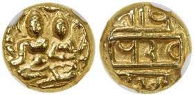VIJAYANAGAR: Devaraya I, 1406-1422, AV pagoda, Fr-352, Siva & Parvati seated, holding antelope head & damaru, inscriptional reverse, NGC graded AU58....