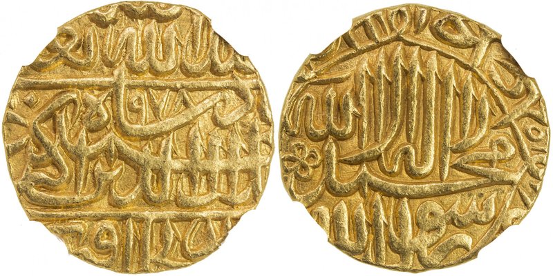 MUGHAL: Akbar I, 1556-1605, AV mohur (10.85g), Agra, AH978, KM-106.1, royal lege...