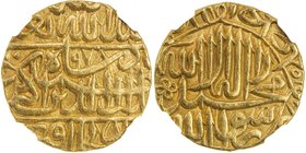 MUGHAL: Akbar I, 1556-1605, AV mohur (10.85g), Agra, AH978, KM-106.1, royal legend & mint name divided in three panels // kalima & the Rashidun, mint ...