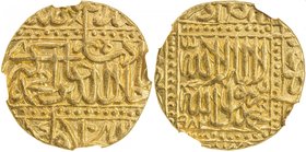 MUGHAL: Akbar I, 1556-1605, AV mohur (10.87g), Agra, AH982, KM-108.1, royal legend in dotted panel // kalima in dotted square, the Rashidun named in t...