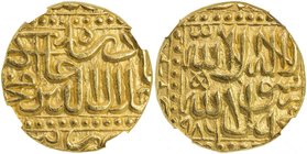 MUGHAL: Akbar I, 1556-1605, AV mohur (10.85g), Jaunpur, AH986, KM-108.3, royal legend in dotted panel // kalima in dotted square, the Rashidun named i...