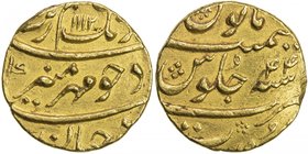 MUGHAL: Aurangzeb, 1658-1707, AV mohur (11.04g), Surat, AH1112 year 44, KM-315.45, choice EF.

 Estimate: USD 500 - 600