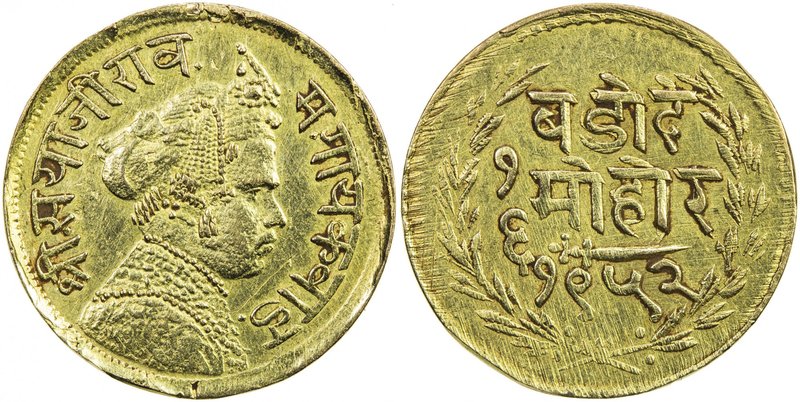 BARODA: Sayaji Rao III, 1875-1938, AV 1/6 mohur (1.18g), VS1952, Y-37, usual adj...