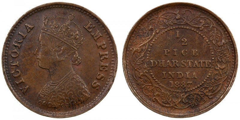 DHAR: Anand Rao III, 1860-1898, AE ½ pice, 1887, KM-12, bust of Victoria Empress...